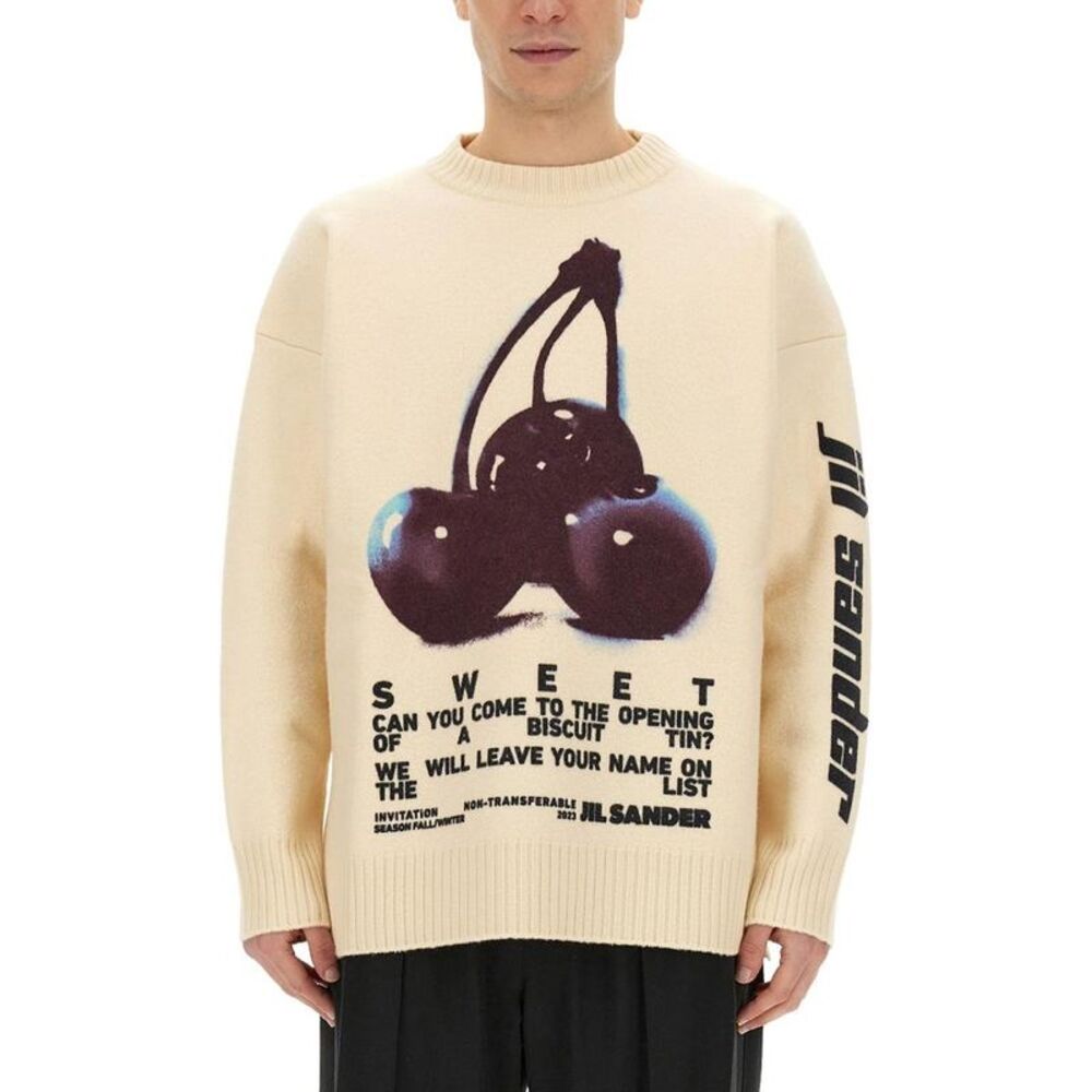JIL SANDER Graphic Cherry Print Crewneck Sweater Men Beige Sweaters & Cardigans